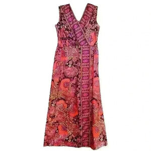 Vintage 70s Sleeveless Maxi Dress Colorful Pink Orange Brown V Neck handmade